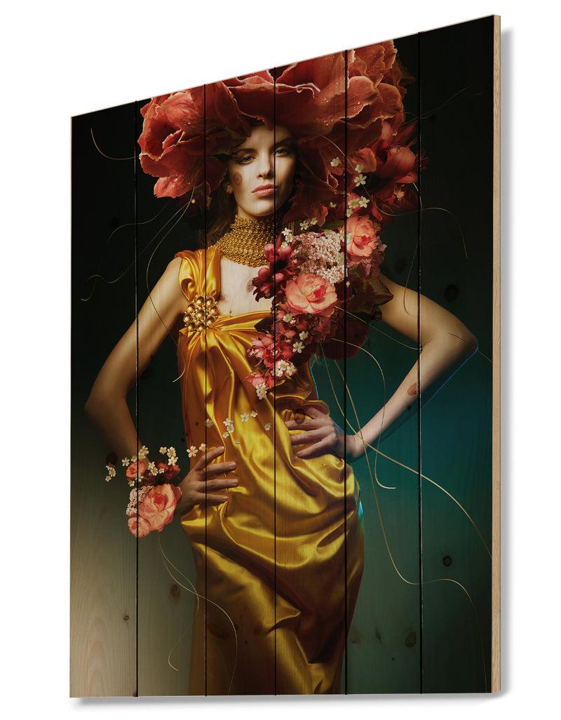 DesignQ Sensual Woman In Yellow Dress - Portrait Print On Natural Pine Wood