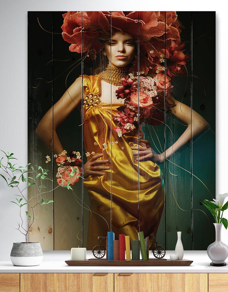DesignQ Sensual Woman in Yellow Dress - Portrait Print on Natural Pine Wood