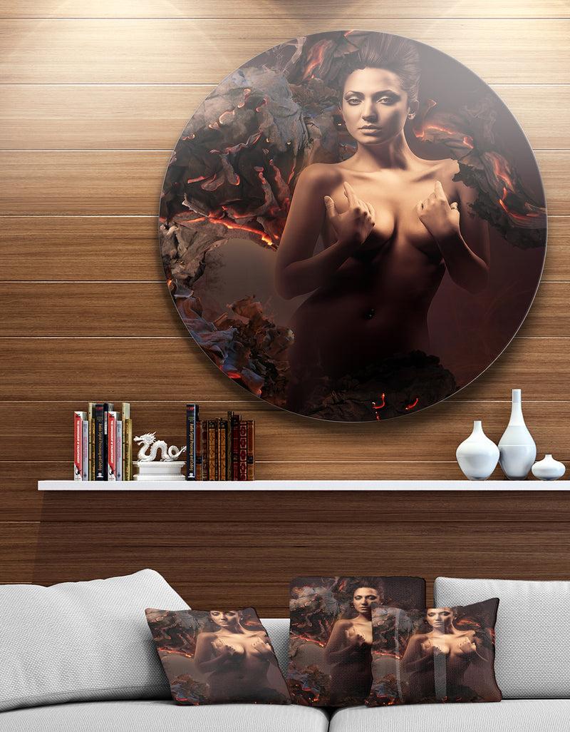 DesignQ Sexy Nude Woman in Burning Paper - Art Portrait Circle Wall Art