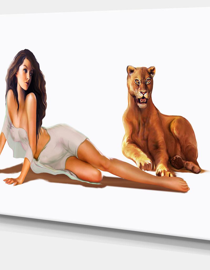 DesignQ Sexy Woman With Lion - Portrait Digital Art Canvas Print