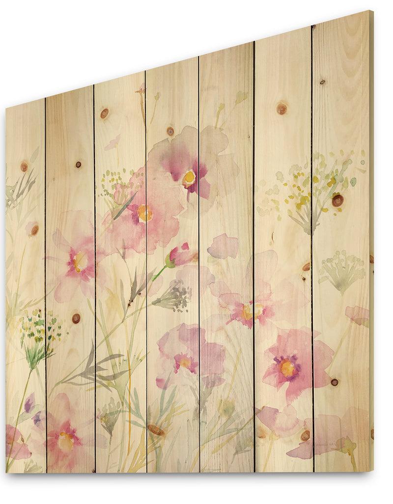 DesignQ Shabby Flower IV - Farmhouse Print On Natural Pine Wood