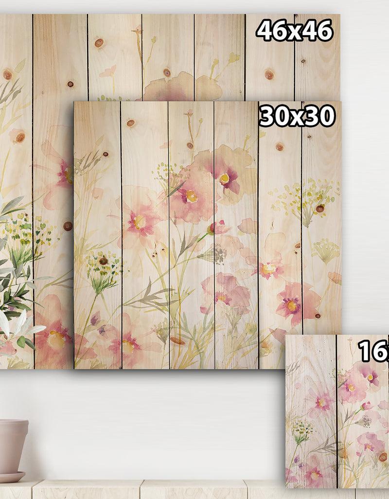 DesignQ Shabby Flower IV - Farmhouse Print On Natural Pine Wood