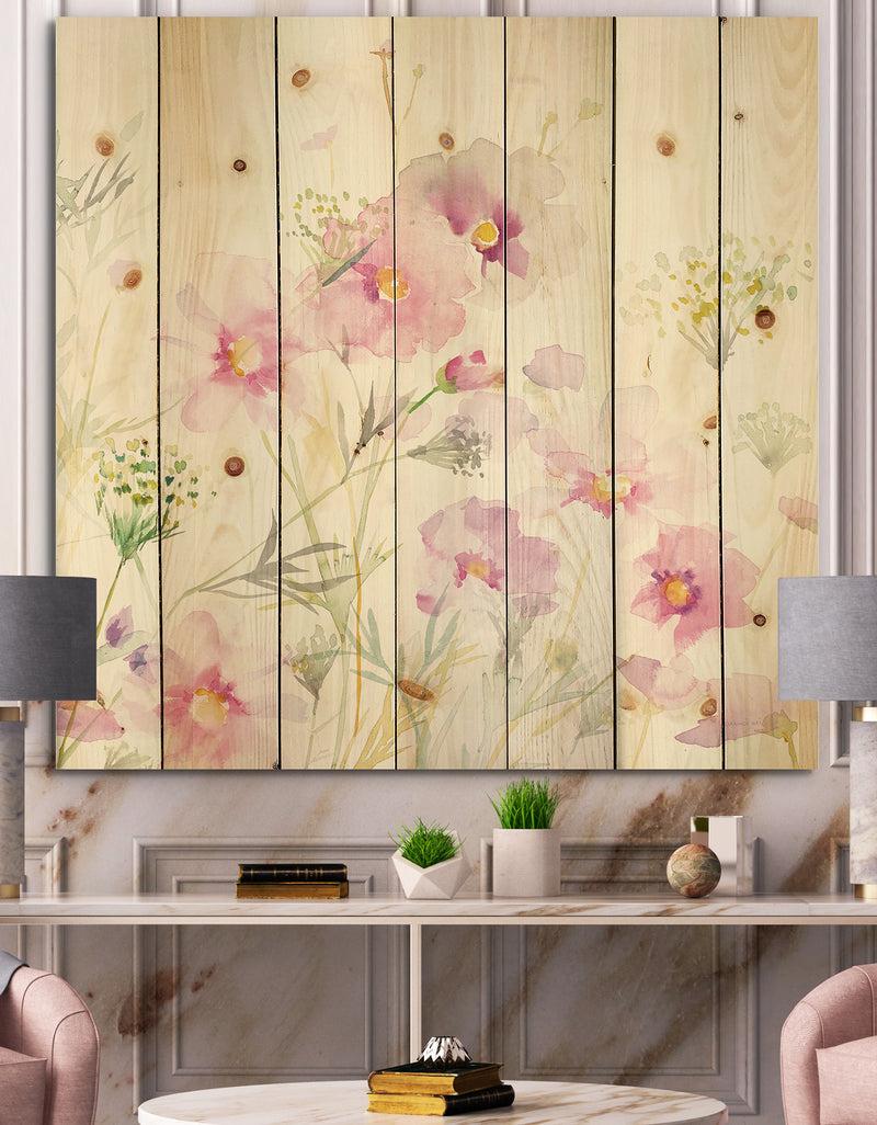 DesignQ Shabby Flower IV - Farmhouse Print on Natural Pine Wood