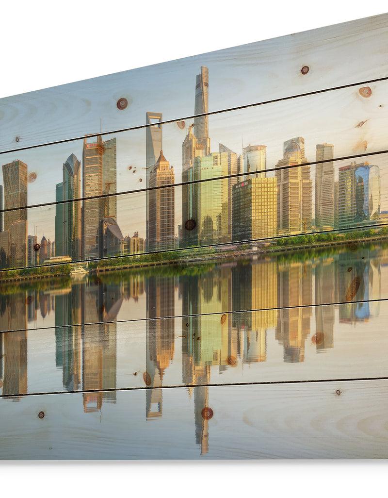 DesignQ Shanghai Huangpu River At Sunset - Cityscape Print On Natural Pine Wood