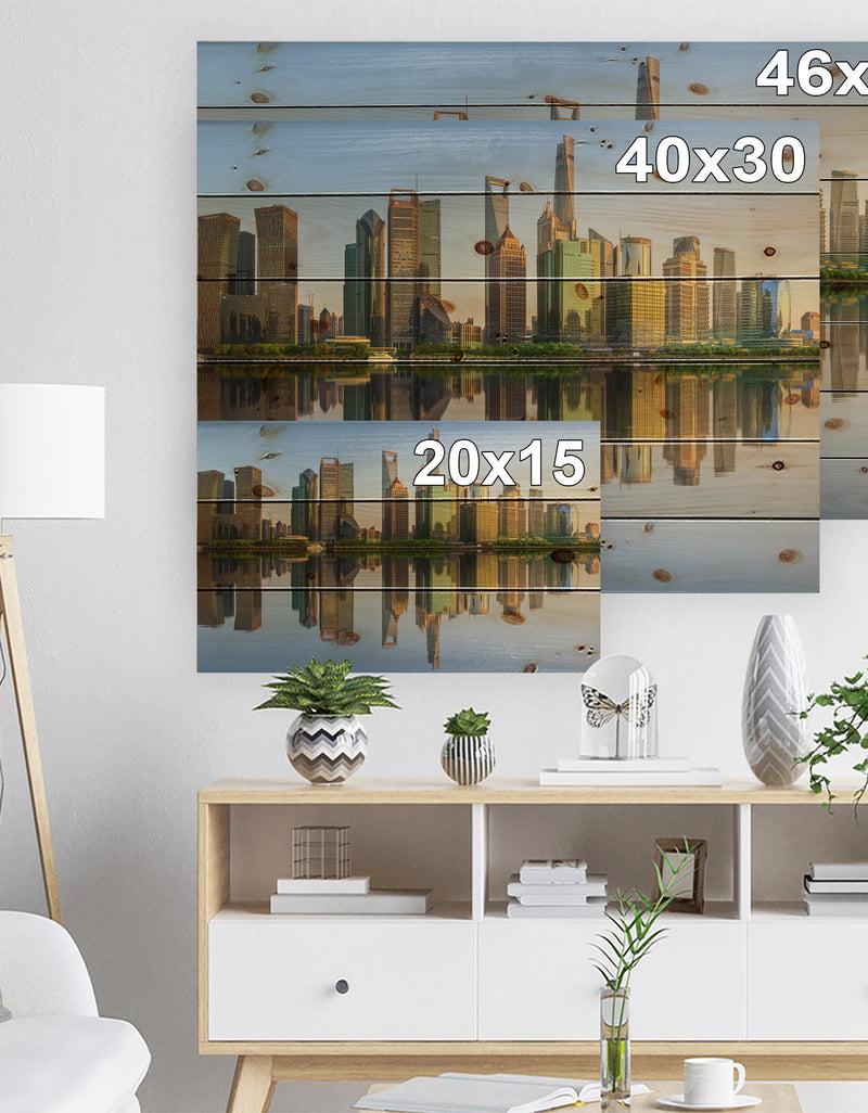 DesignQ Shanghai Huangpu River At Sunset - Cityscape Print On Natural Pine Wood