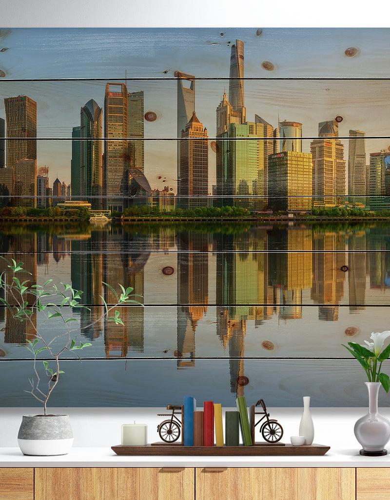 DesignQ Shanghai Huangpu River at Sunset - Cityscape Print on Natural Pine Wood