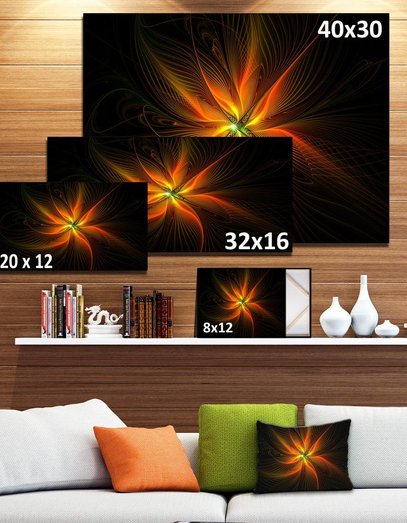 DesignQ Shiny Golden Yellow Fractal Flower On Black - Floral Canvas Artwork Print