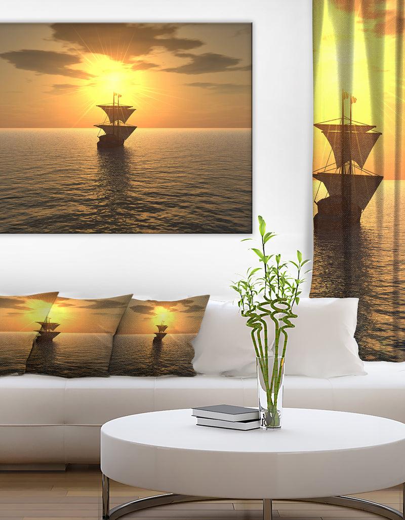 DesignQ Ship and Sunset - Seascape Photography Canvas Print