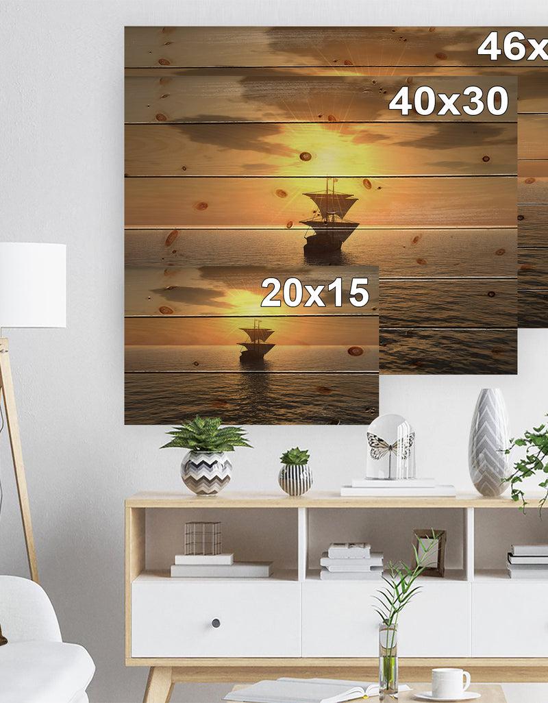 DesignQ Ship And Sunset - Seascape Photography Print On Natural Pine Wood