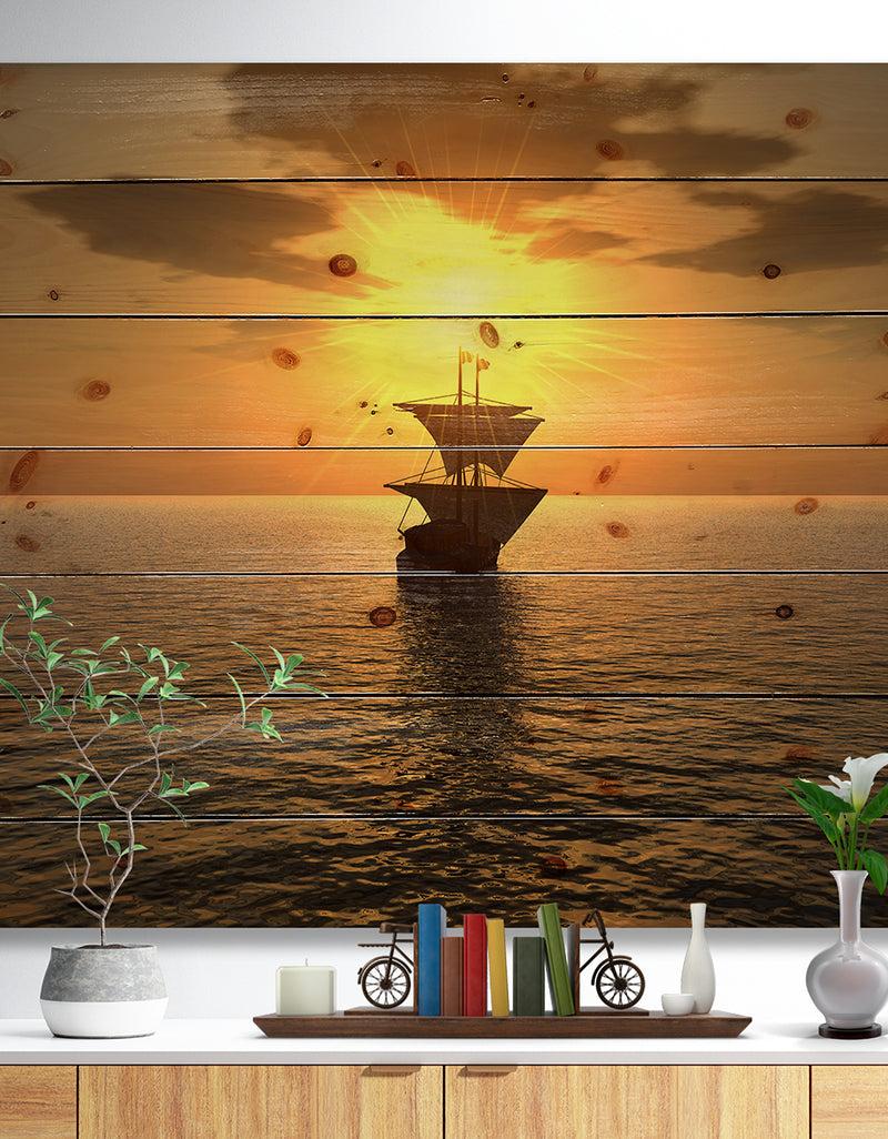 DesignQ Ship and Sunset - Seascape Photography Print on Natural Pine Wood