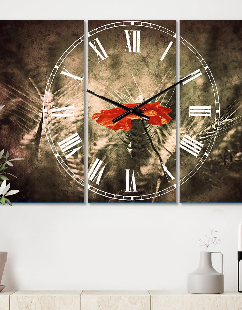 DesignQ Sigle Red Poppies - Cottage 3 Panels Large Wall CLock