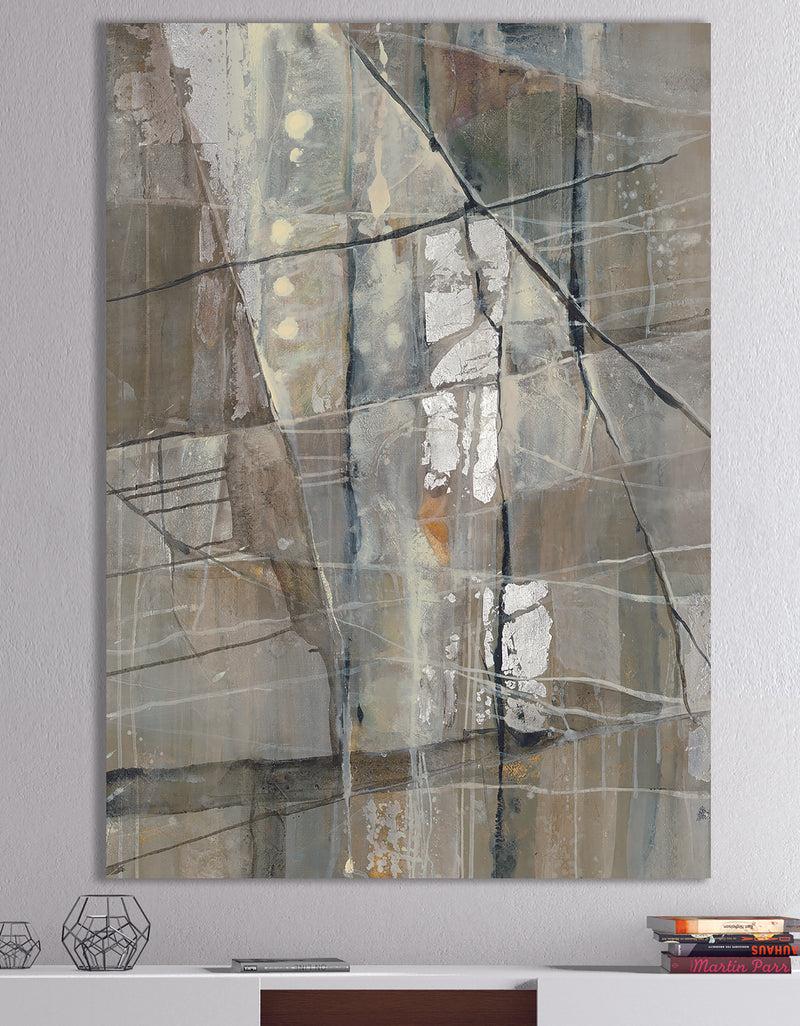 DesignQ Silver and Beige Abstract Waterpainting - Contemporary Canvas Art