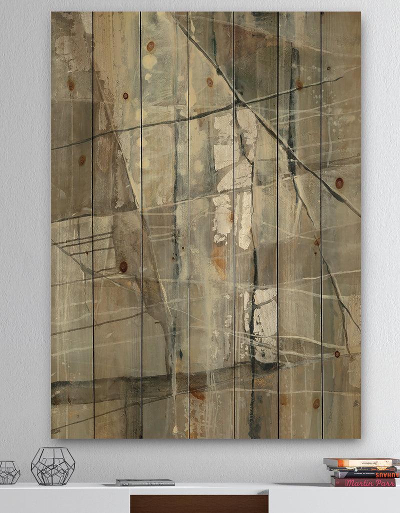 DesignQ Silver and Beige Abstract Waterpainting - Contemporary Print on Natural Pine Wood