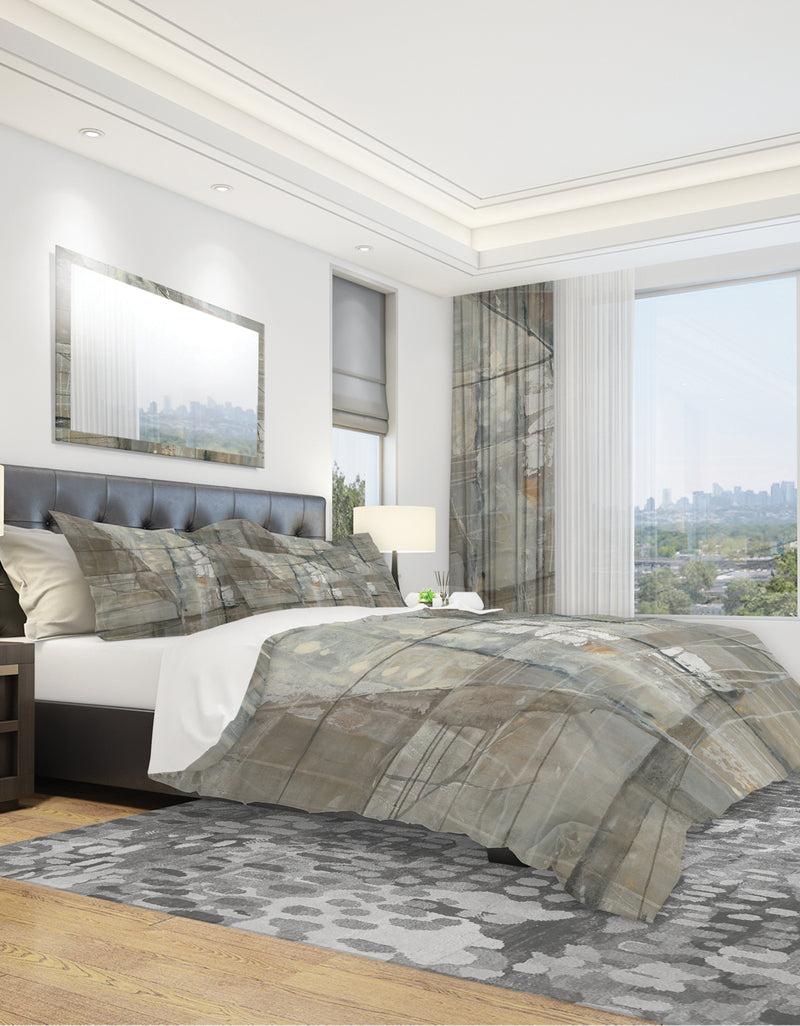 DesignQ Silver And Beige Abstract Waterpainting - Geometric Duvet Cover Set