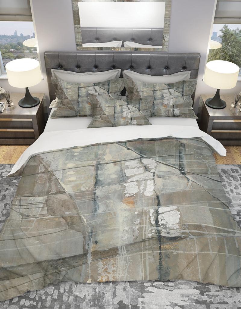 DesignQ Silver and Beige Abstract Waterpainting - Geometric Duvet Cover Set
