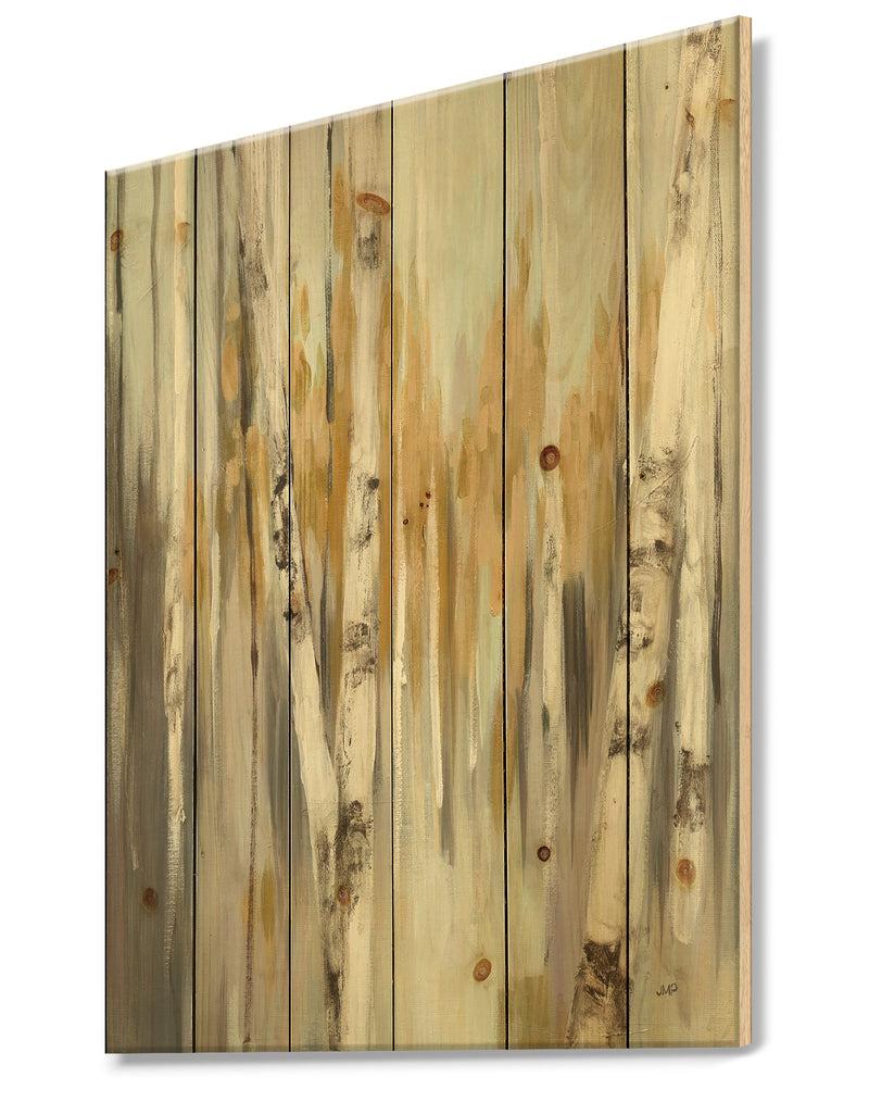DesignQ Silver And Yellow Birch Forest - Cottage Print On Natural Pine Wood