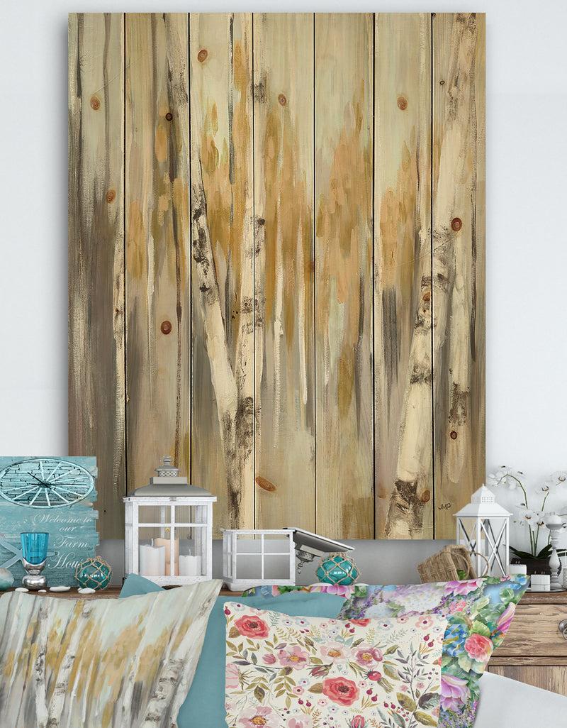 DesignQ Silver and Yellow Birch Forest - Cottage Print on Natural Pine Wood