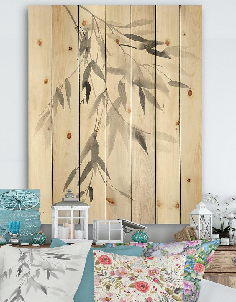 DesignQ Simplist Bamboo Leaves IV - Cabin & Lodge Print on Natural Pine Wood