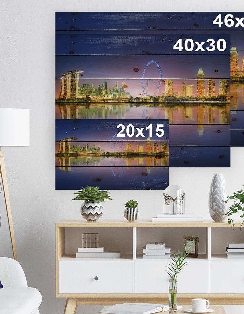 DesignQ Singapore Skyline And Blue Sky - Cityscape Print On Natural Pine Wood