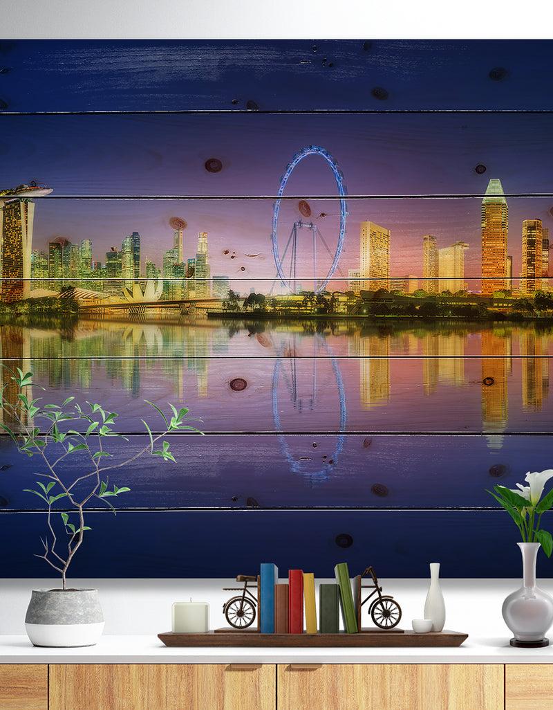 DesignQ Singapore Skyline and Blue Sky - Cityscape Print on Natural Pine Wood