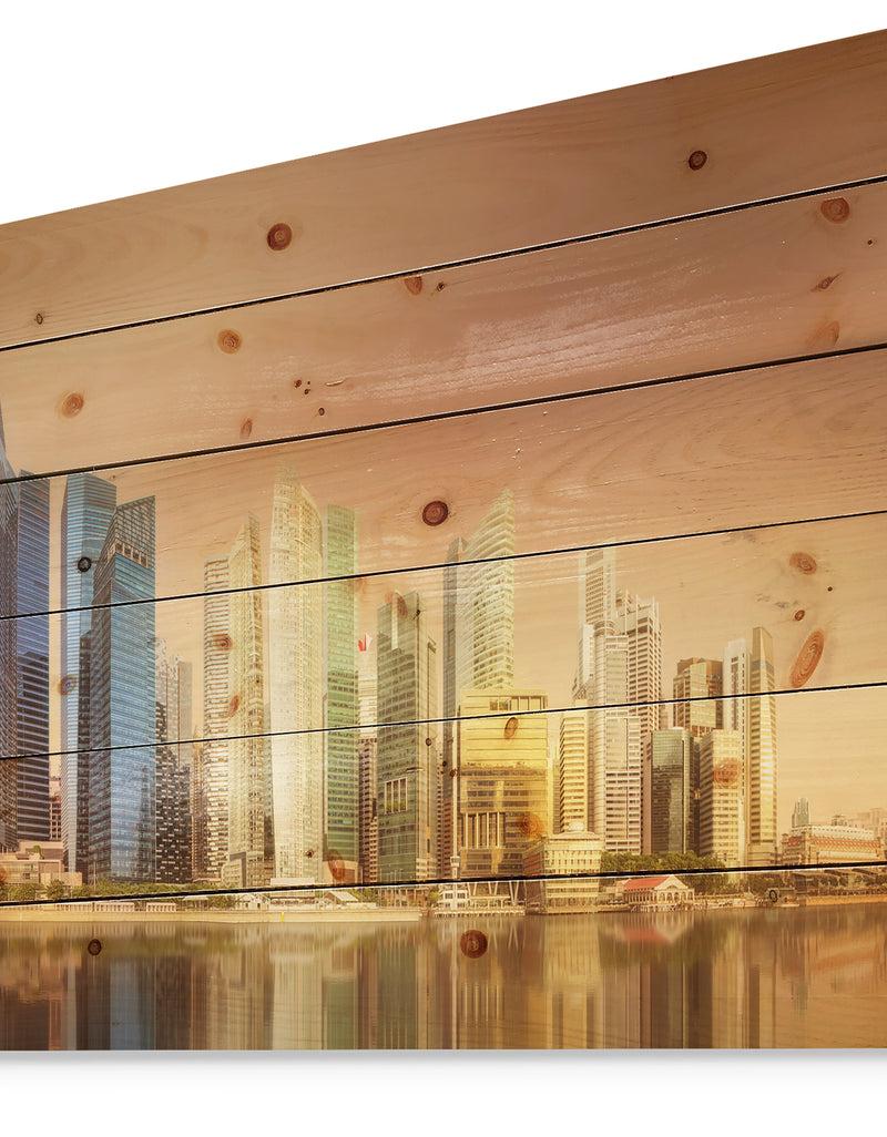 DesignQ Singapore Skyline Under Brown Sky - Cityscape Print On Natural Pine Wood