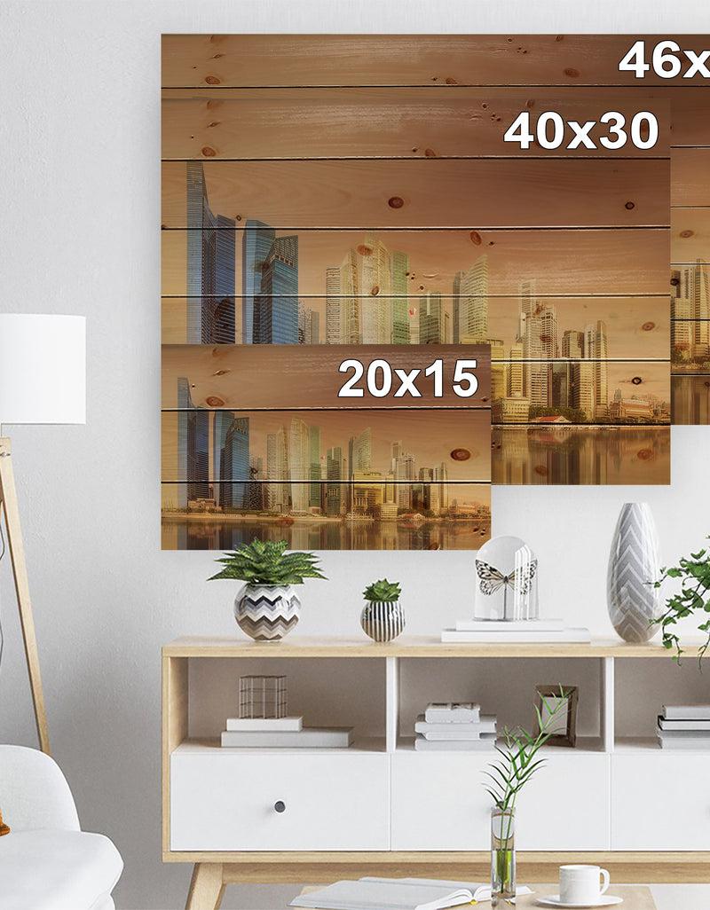 DesignQ Singapore Skyline Under Brown Sky - Cityscape Print On Natural Pine Wood
