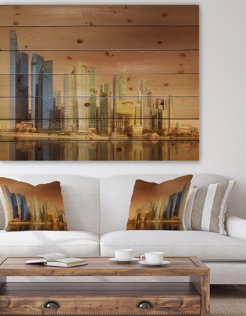 DesignQ Singapore Skyline under Brown Sky - Cityscape Print on Natural Pine Wood