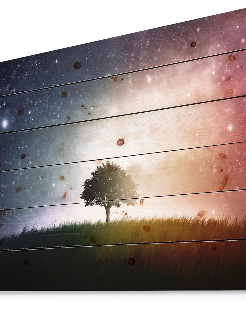 DesignQ Single Tree Space Background - Trees Print On Natural Pine Wood