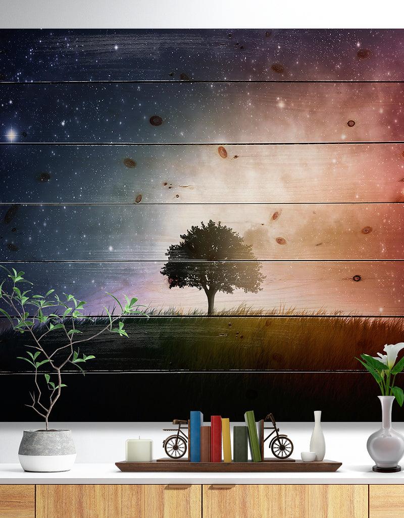 DesignQ Single Tree Space Background - Trees Print on Natural Pine Wood