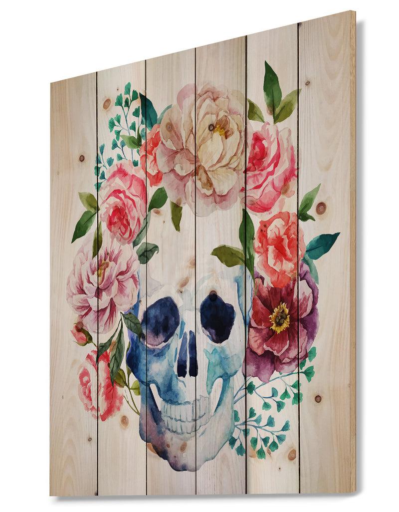 DesignQ Skull Bouquet Vector Art - Contemporary Print On Natural Pine Wood
