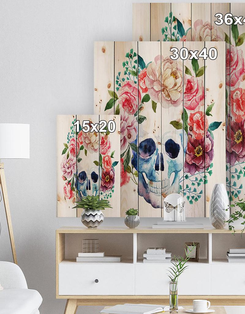 DesignQ Skull Bouquet Vector Art - Contemporary Print On Natural Pine Wood
