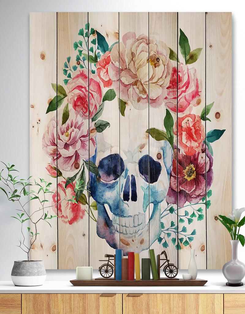 DesignQ Skull Bouquet Vector Art - Contemporary Print on Natural Pine Wood