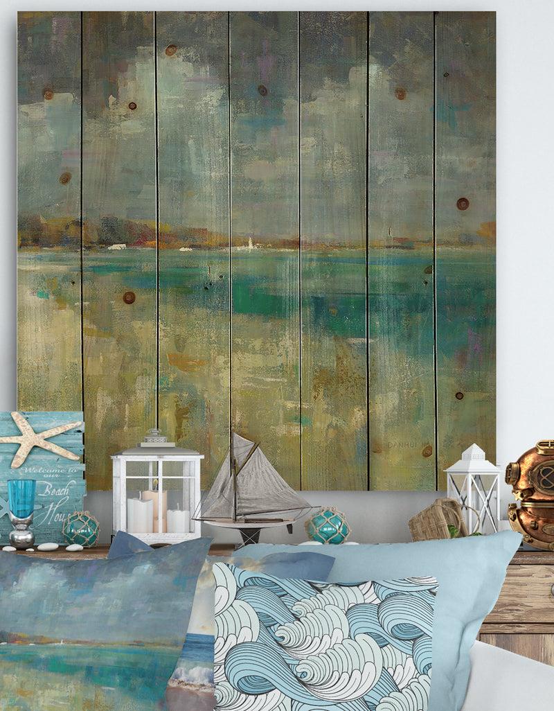 DesignQ Sky and Sea - Nautical & Coastal Print on Natural Pine Wood