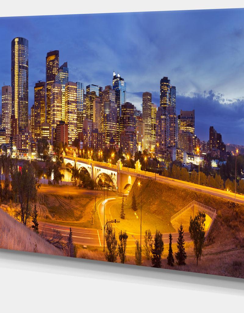 DesignQ Skyline Of Calgary At Night Panorama - Modern Cityscape Canvas Wall Art