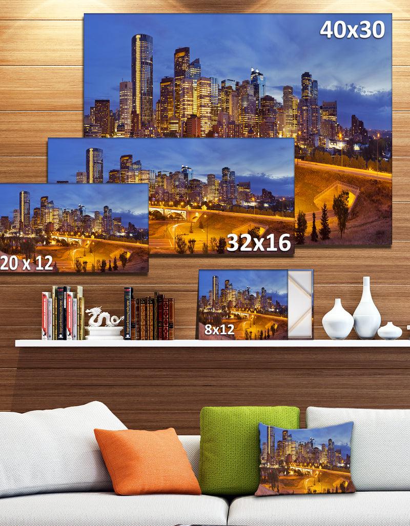 DesignQ Skyline Of Calgary At Night Panorama - Modern Cityscape Canvas Wall Art