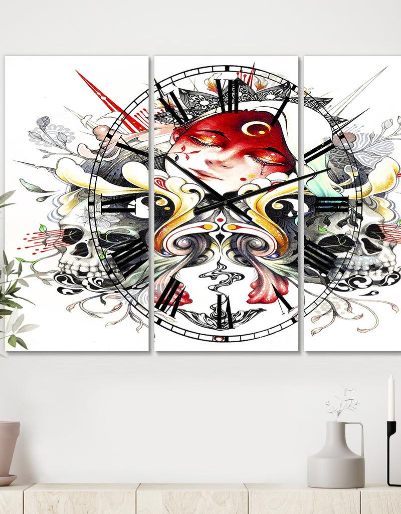 DesignQ Sleeping Girl on Blossoming Skulls - Oversized Modern Wall Clock - 3 Panels