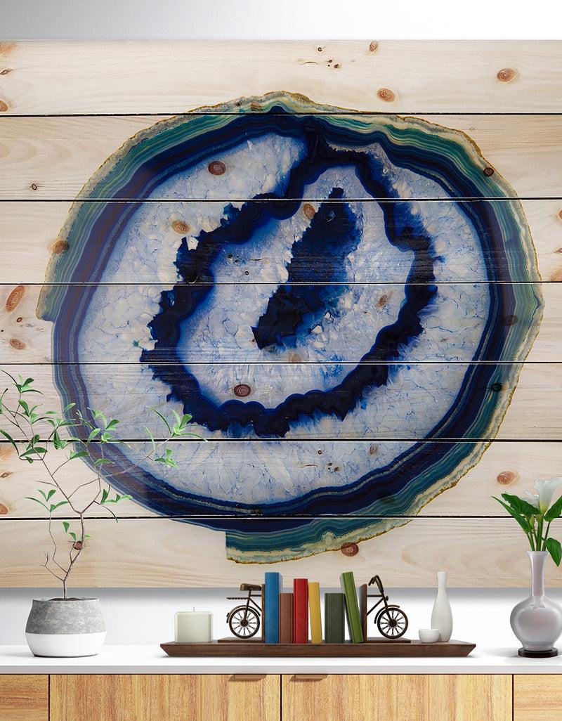 DesignQ Slice of Beautiful Blue Agate - Abstract Print on Natural Pine Wood Print