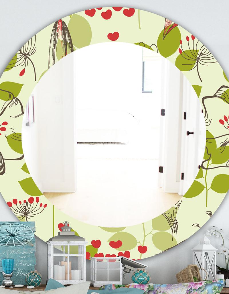 DesignQ Small Bird and Lilies and Little Hearts - Traditional Mirror - Frameless Oval or Round Wall Mirror