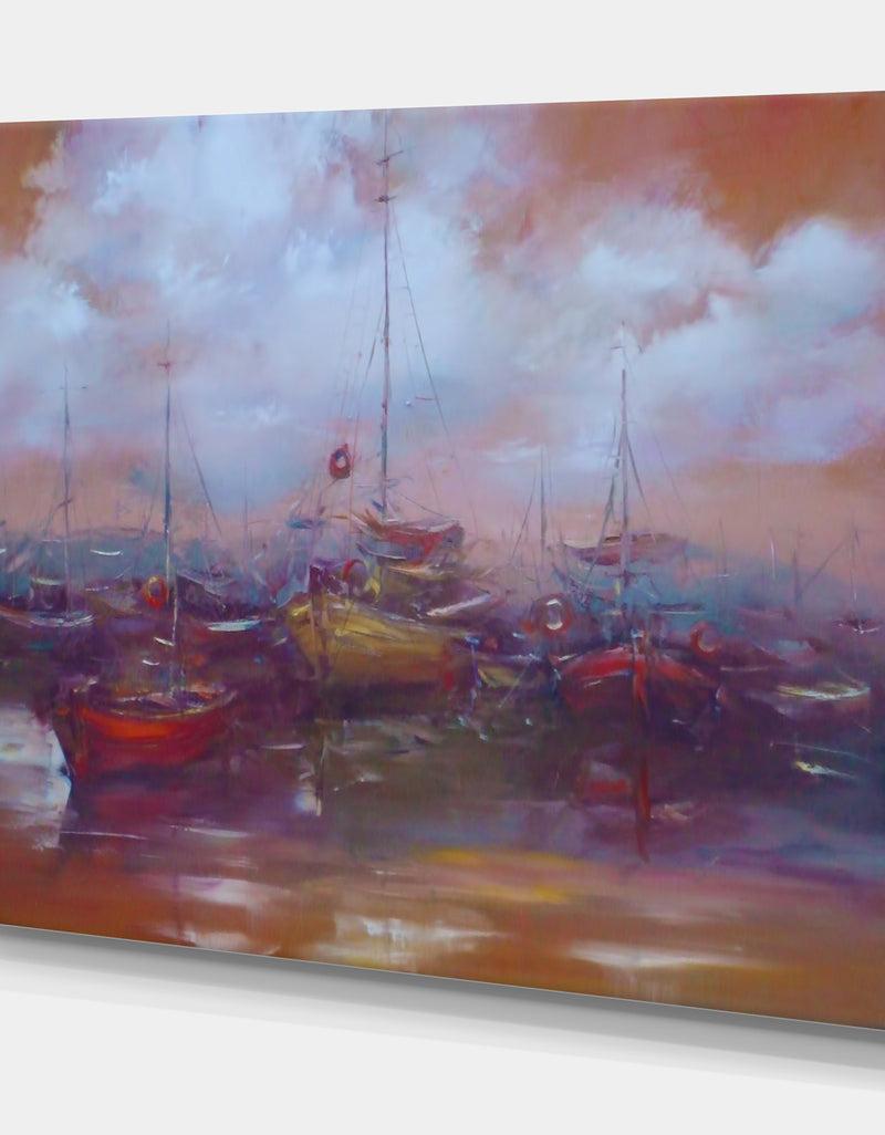 DesignQ Small Boats Moored In The Harbor Oil Painting - Nautical Painting Print On Wrapped Canvas