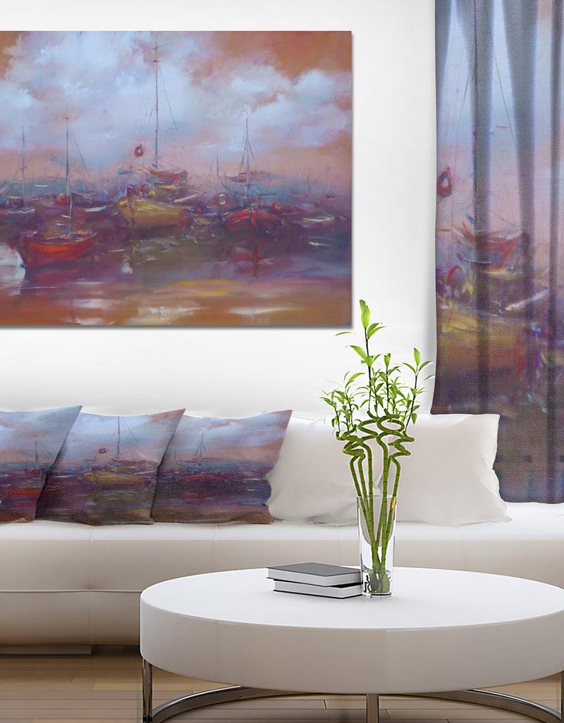DesignQ Small Boats moored in The Harbor Oil Painting - Nautical Painting Print on Wrapped Canvas