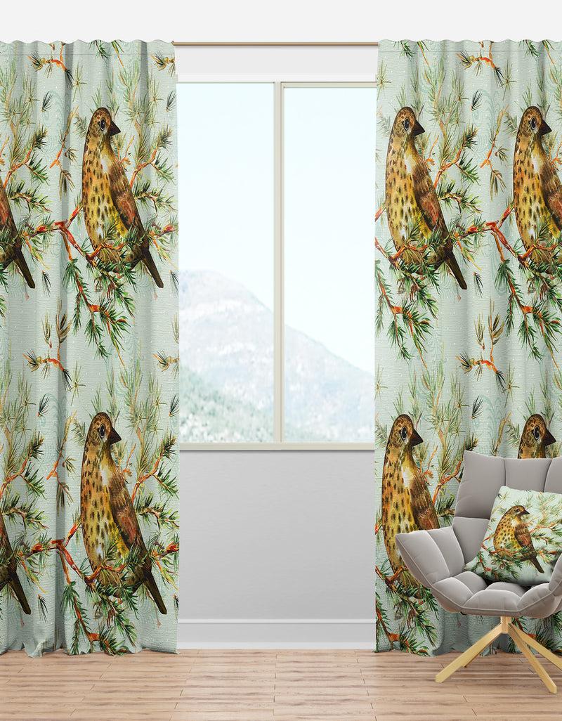 DesignQ Small Cute Bird on Pine Branch - Animals Curtain Panels