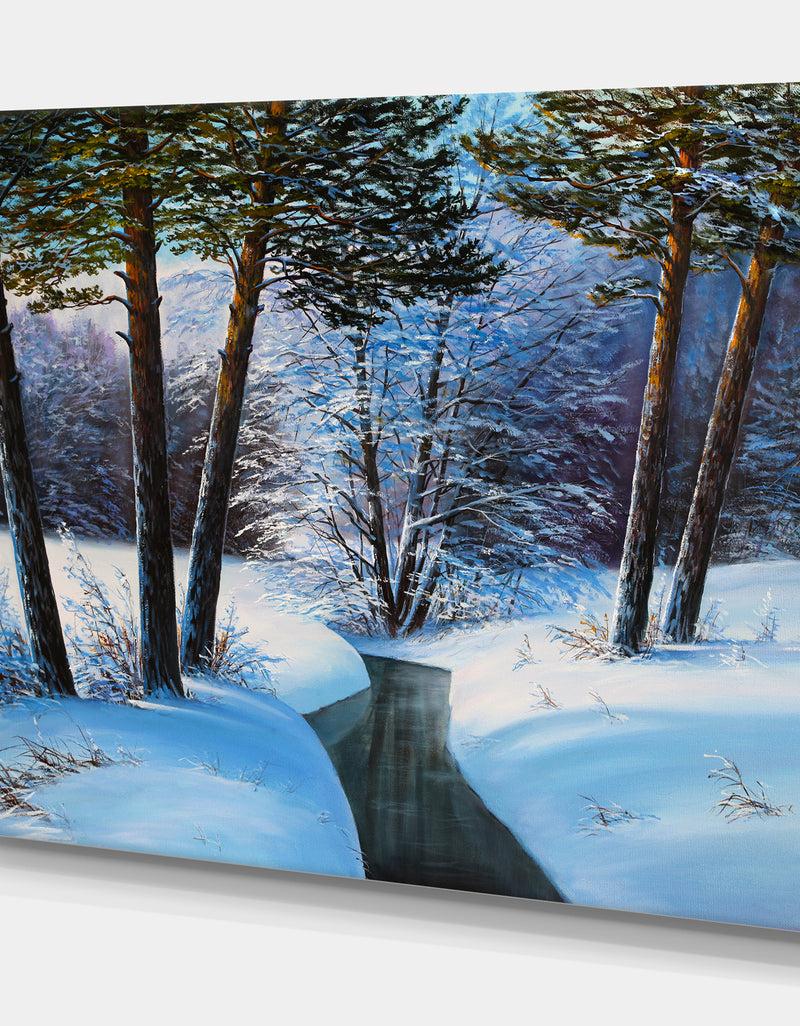 DesignQ Small River In Winter Forest - Landscapes Painting Print On Wrapped Canvas
