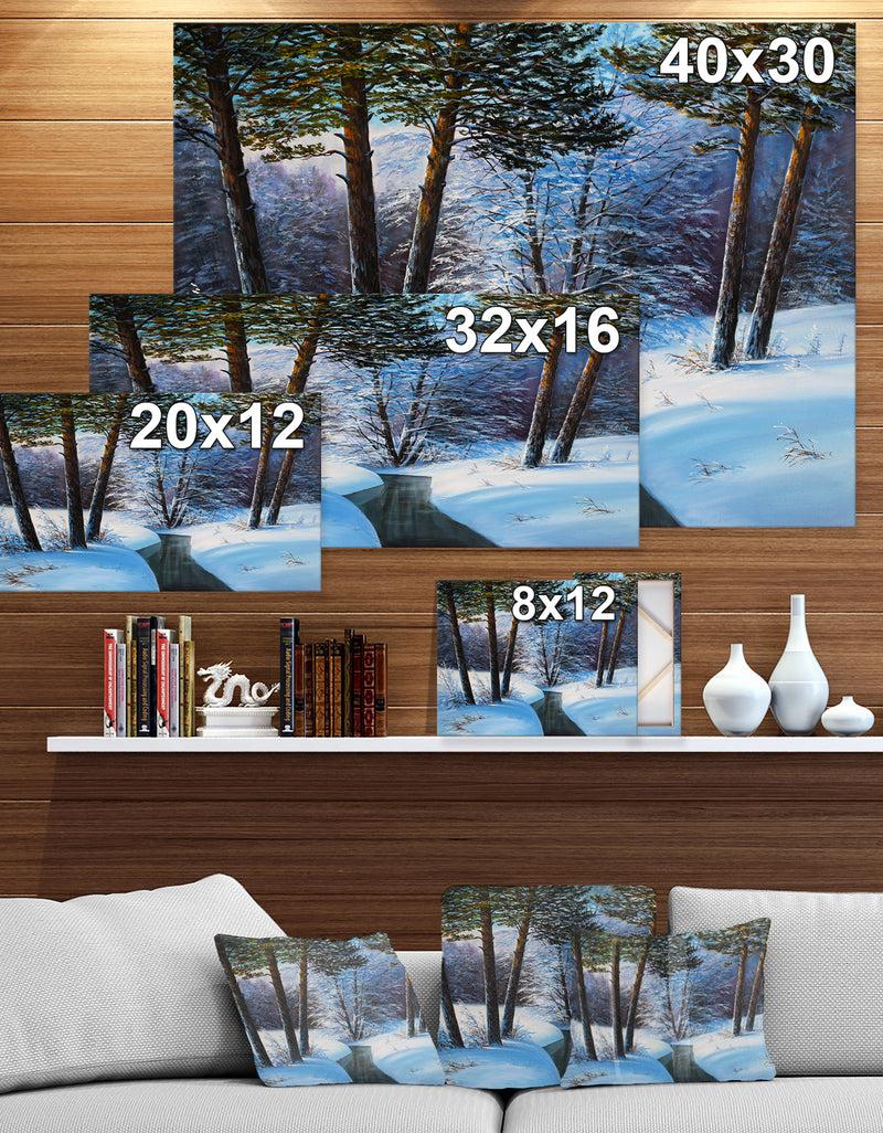 DesignQ Small River In Winter Forest - Landscapes Painting Print On Wrapped Canvas