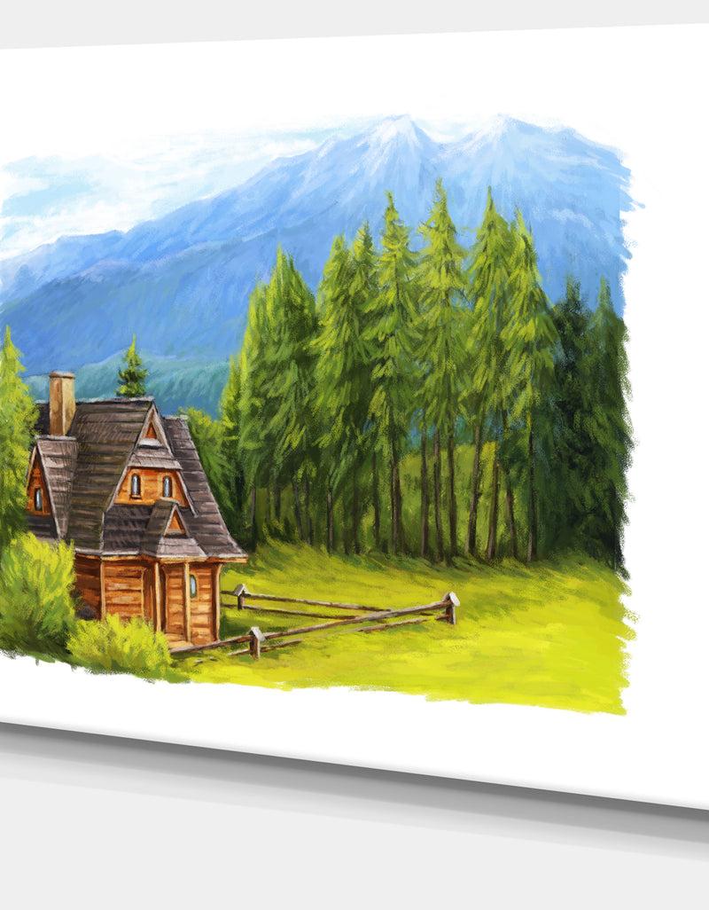 DesignQ Small Wooden Home In Mountains - Landscape Wall Art Canvas Print