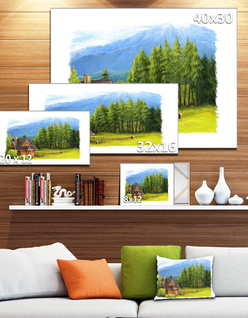 DesignQ Small Wooden Home In Mountains - Landscape Wall Art Canvas Print