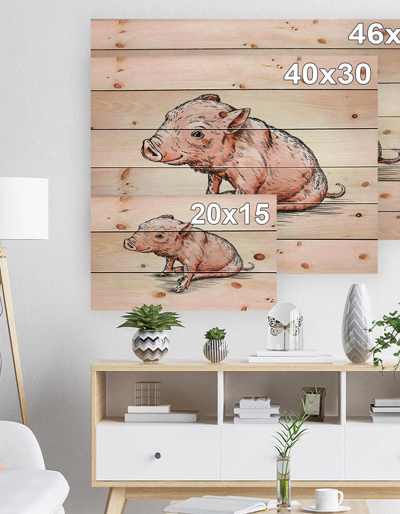 DesignQ Smiling Pig In Brush Painting - Farmhouse Animal Painting Print On Natural Pine Wood