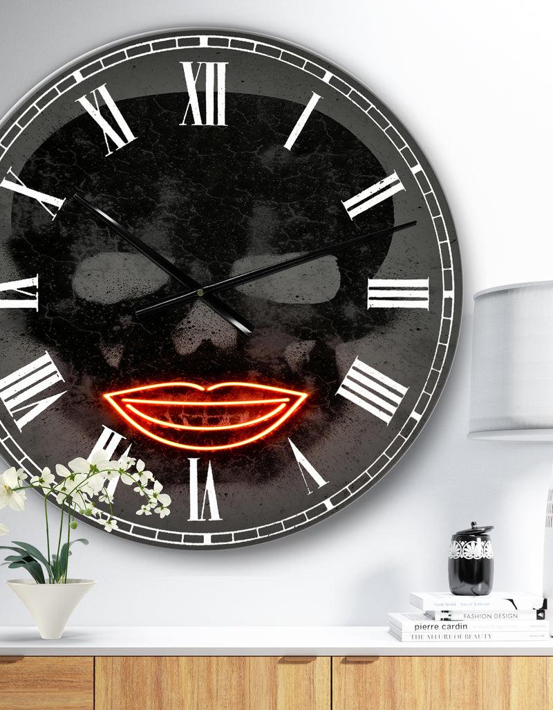 DesignQ Smiling Red Lips Neon Skull - Modern Wall Clock