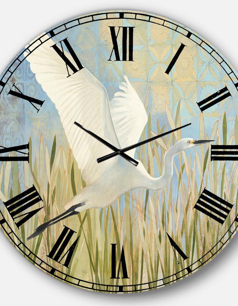 DesignQ Snowy Egret In Flight VII - Farmhouse Wall CLock