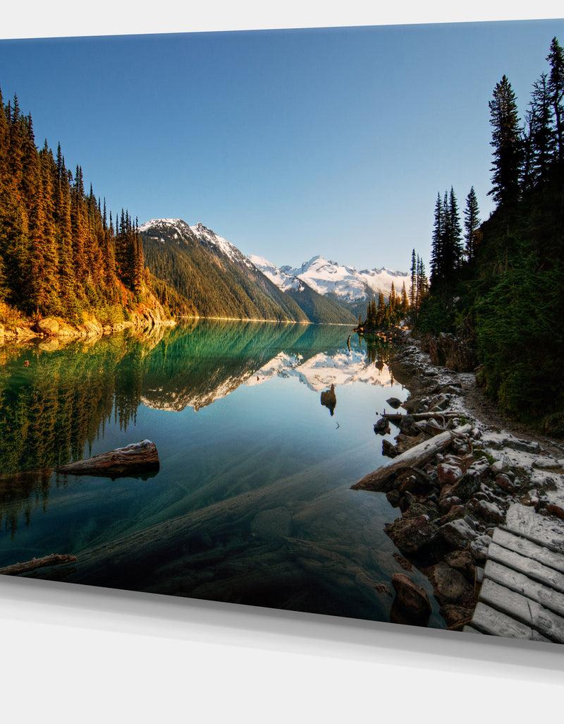 DesignQ Snowy Path Along Mountain Lake - Landscape Artwork Canvas Print