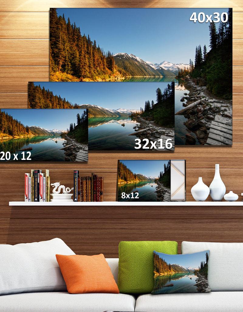 DesignQ Snowy Path Along Mountain Lake - Landscape Artwork Canvas Print